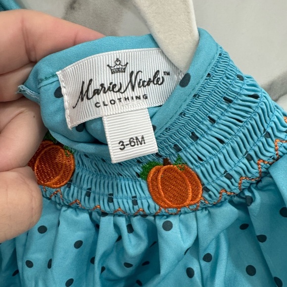 Blue Polka Dot Smocked Romper with Pumpkin Embroidery - Picture 3 of 5